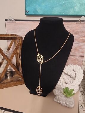 Gold Leaf Drop Lariat Necklace - Women Jewelry